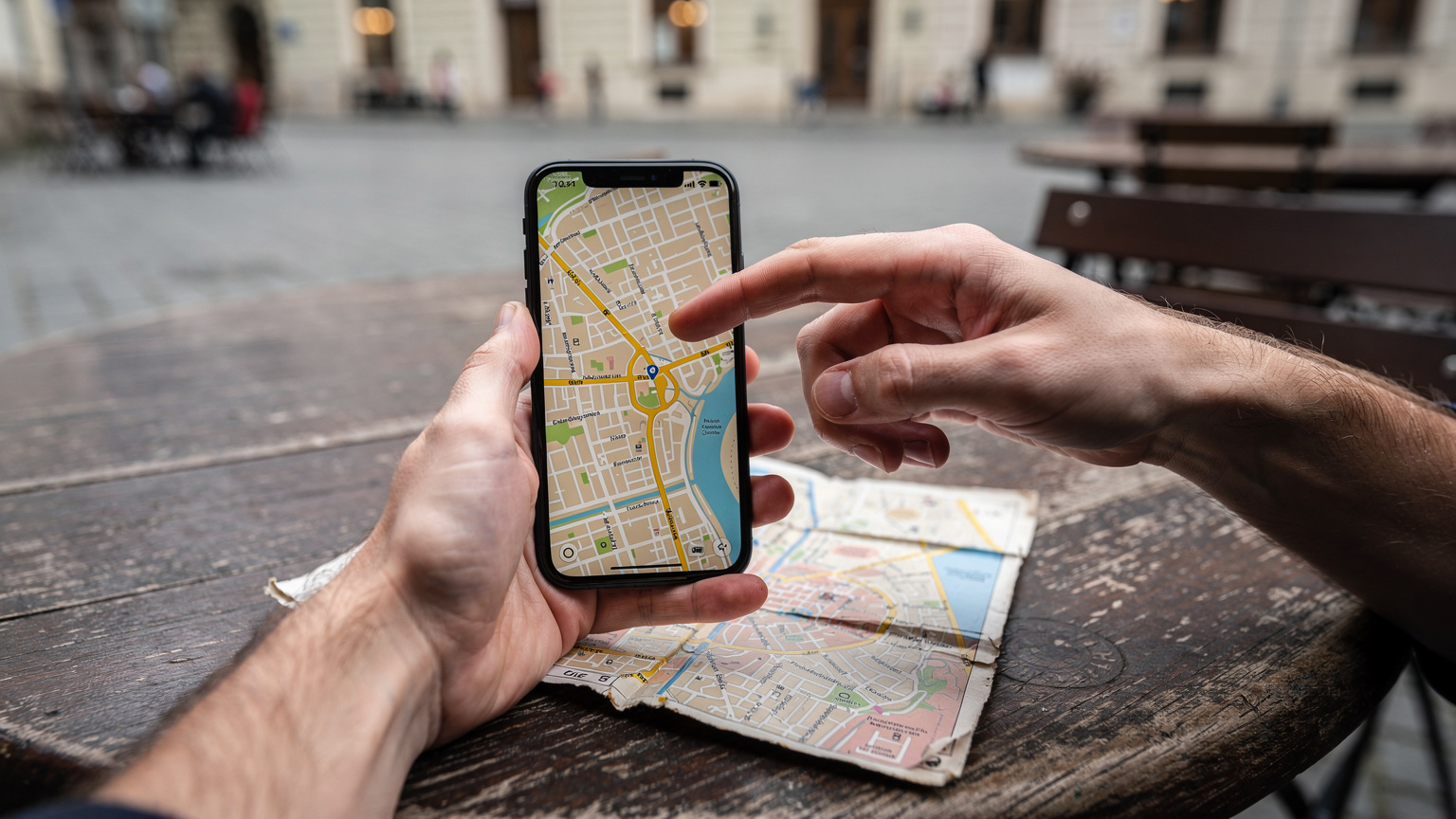 A traveler's hands are expertly navigating a city map on their smartphone, clearly using an offline map feature, with an old-school paper map peeking out from under the device on a weathered cafe table in a European city.