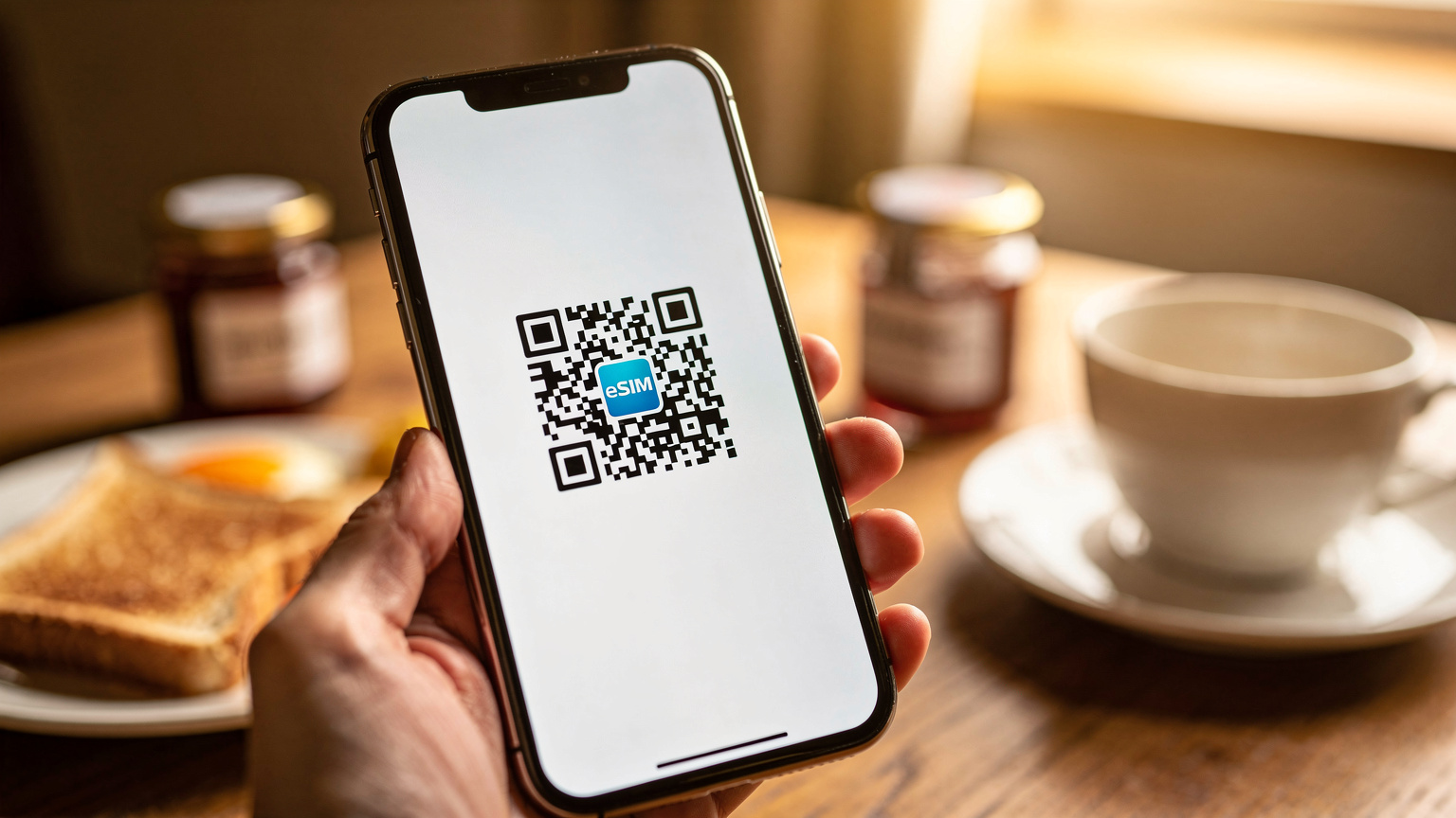Bir akıllı telefon ekranında, Cellesim uygulamasındaki eSIM QR kodunun tarandığı an, arka planda bulanık bir İngiliz kahvaltısı masası.