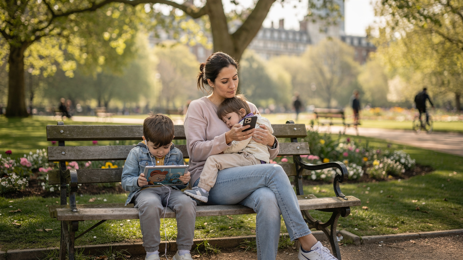 Londra'daki bir parkta, bankta oturan bir Türk anne, kucağında uyuyan küçük çocuğu ve önündeki tablette çizgi film izleyen diğer çocuğuyla, akıllı telefonunda Cellesim uygulamasını kontrol ediyor.
