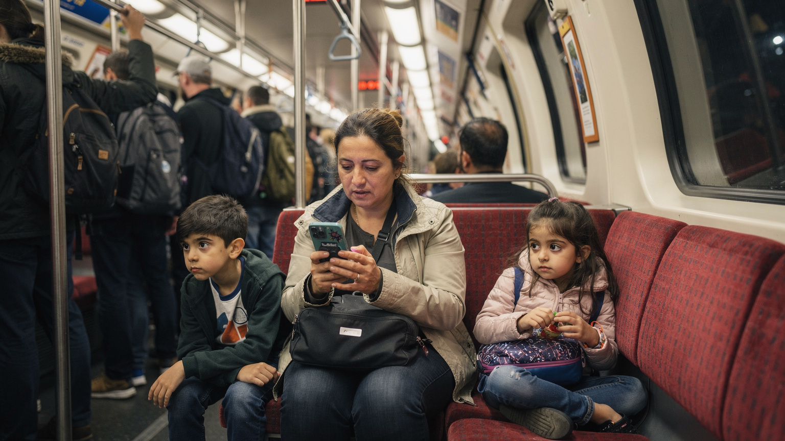 Londra Metrosu'nda, kalabalık bir vagonda, telefonunda Cellesim uygulamasından kalan veri miktarını kontrol eden bir Türk anne, yanında sıkılmış görünen iki çocuğuyla.