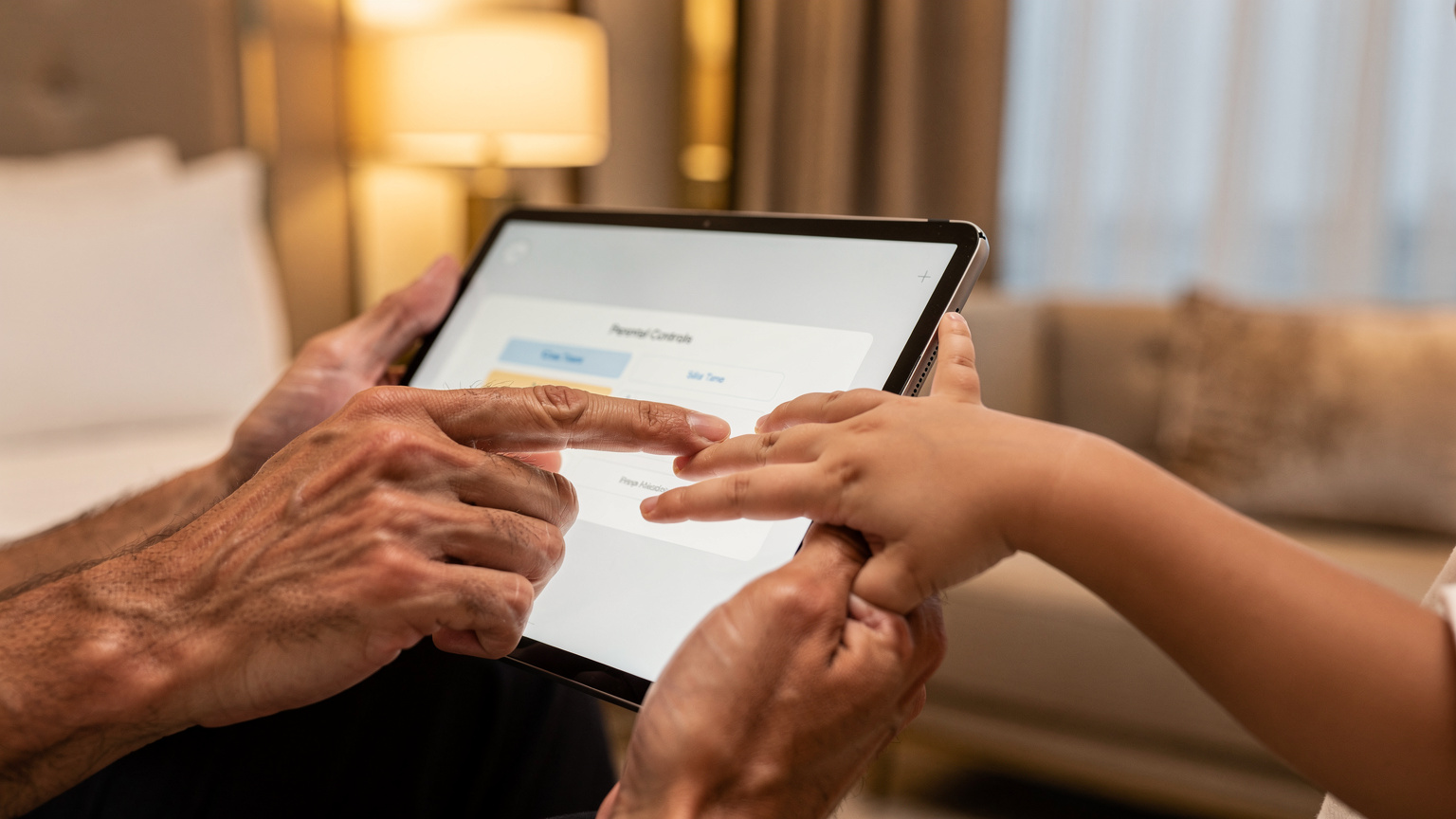 A close-up shot of an adult's hands gently touching a child's finger on an iPad screen, which displays a settings menu related to parental controls, against a softly blurred background of a luxurious hotel room in the Arabian Gulf region.