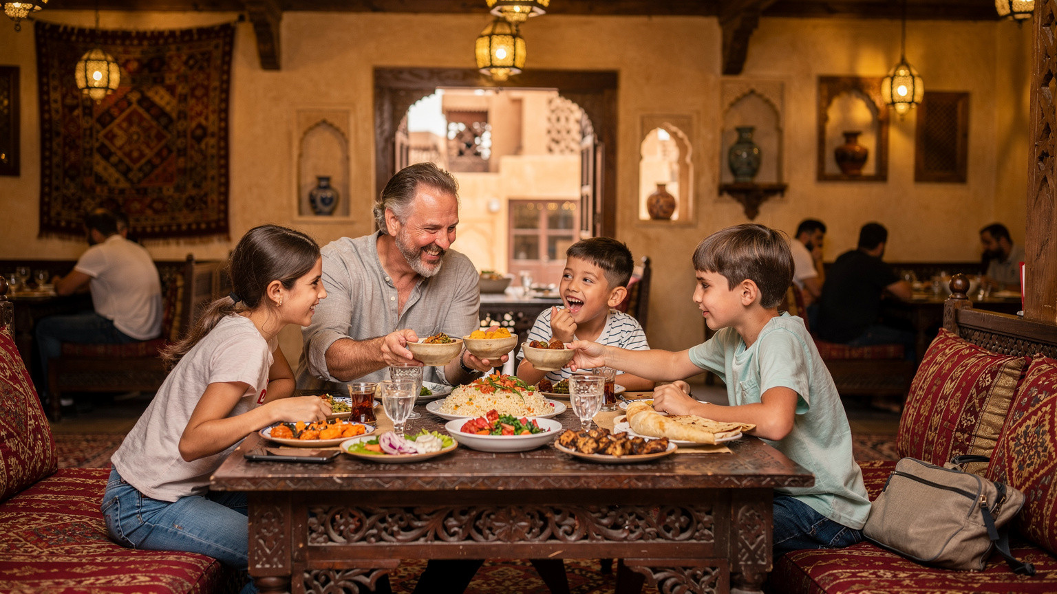 A family, parents and two children, are seated at a low table enjoying a traditional meal in a vibrant, bustling restaurant in Old Dubai, with their smartphones respectfully placed face down or tucked away, emphasizing shared experience.