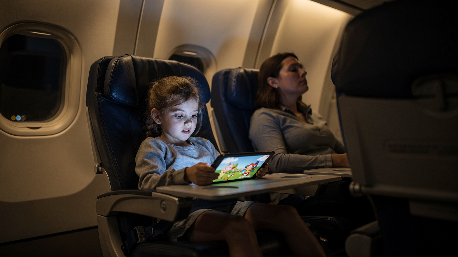 A young girl, about 7 years old, engrossed in watching an animated show on an iPad during a flight, with her sleeping mother resting in the adjacent seat, demonstrating the utility of pre-downloaded content.