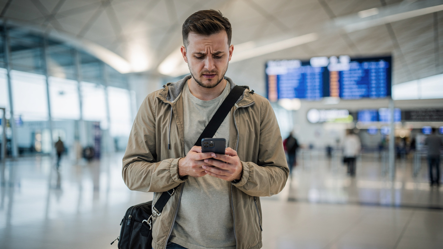 Podróżnik patrzy z niepokojem na ekran smartfona w terminalu lotniska w Marrakeszu, prawdopodobnie z powodu problemów z połączeniem.