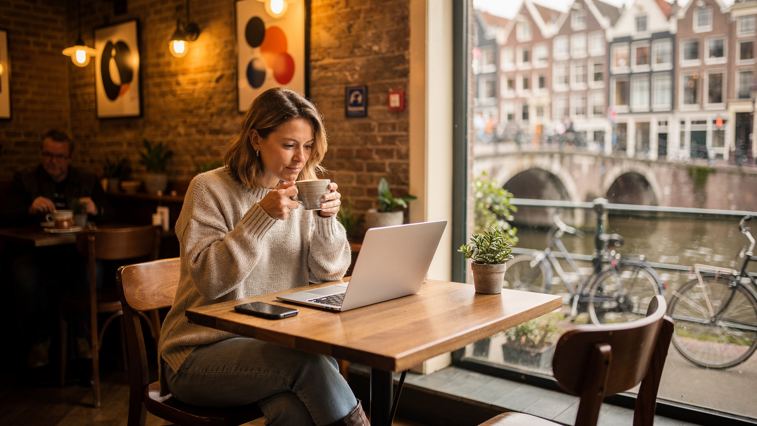 Uma mulher em uma cafeteria aconchegante em Amsterdã, perto do canal Prinsengracht, trabalha em seu laptop enquanto toma um café, com o celular ao lado, mostrando uma conexão estável.