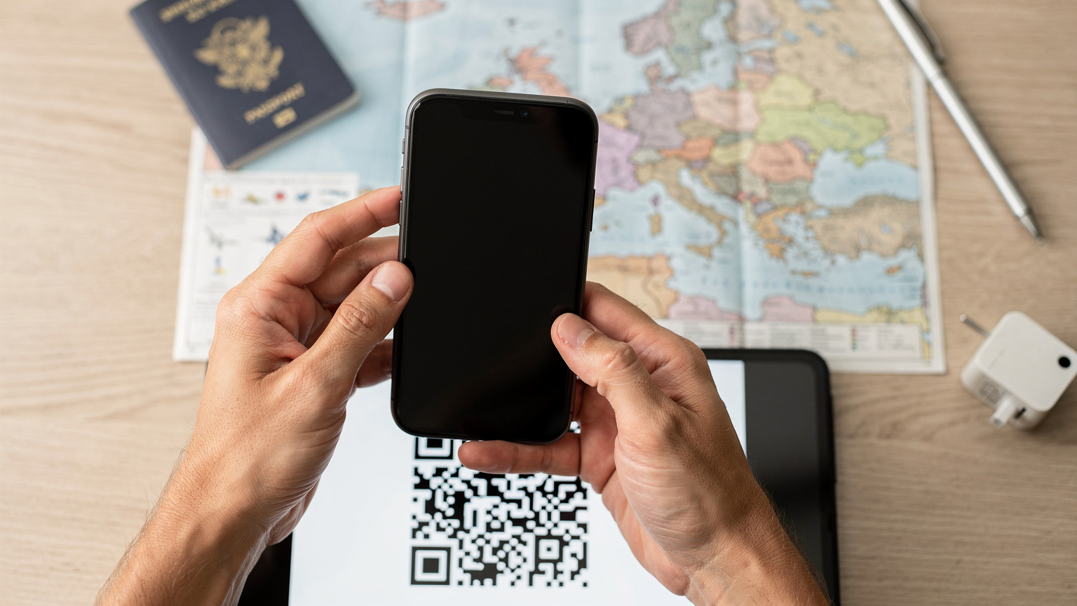 Mãos de uma pessoa segurando um smartphone, escaneando um código QR para ativar um eSIM, com um passaporte e um mapa da Europa desfocados ao fundo, em um ambiente de viagem organizado.