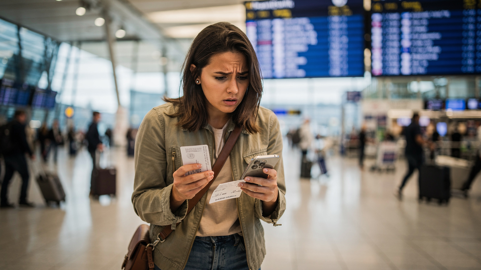 Uma viajante, com passaporte e cartão de embarque na mão, tenta se conectar ao Wi-Fi em um aeroporto movimentado de Frankfurt, com um olhar de preocupação ao ver a tela do celular.
