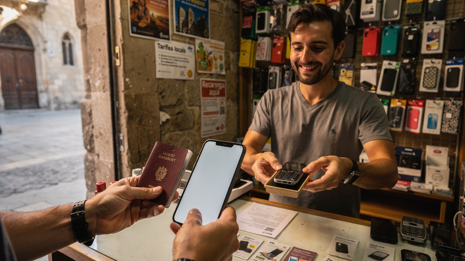 En person viser et pas og en smartphone til en venlig butiksassistent i en lille, lokal telefonbutik i Barcelonas Gotiske Kvarter, mens de køber et fysisk SIM-kort.