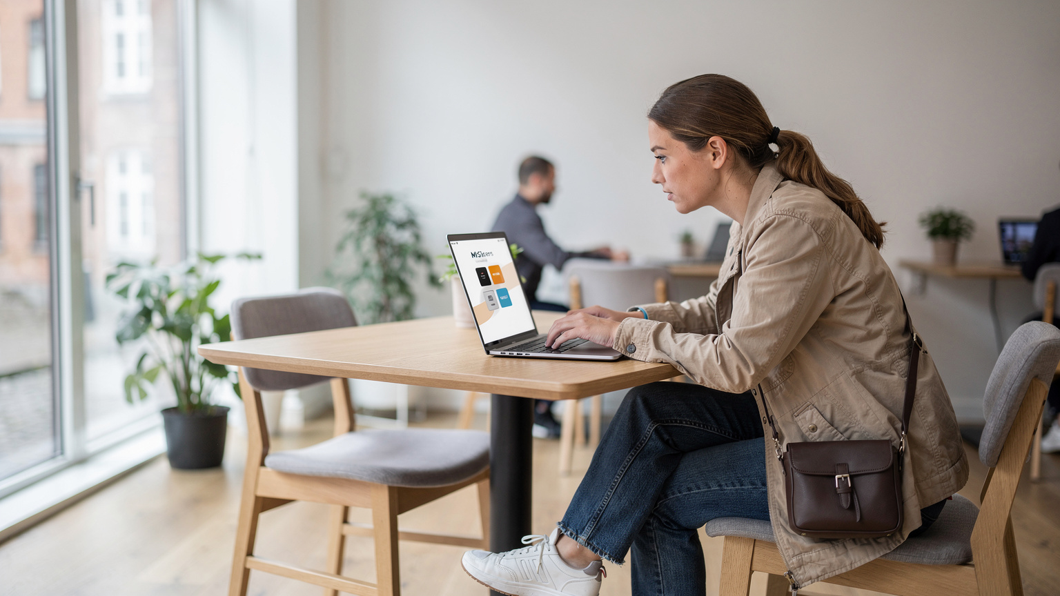 En kvinde med en bærbar computer i et roligt hjørne af et coworking space i København, der sammenligner eSIM-tilbud på sin skærm.