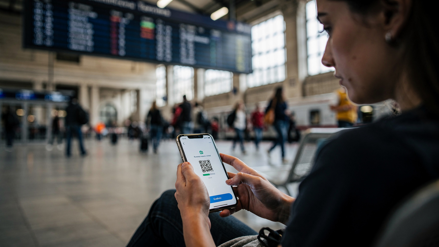 En ung rejsende holder sin smartphone i hånden, med fokus på skærmen, hvor et eSIM-installationsvindue er synligt, mens hun sidder på en travl italiensk togstation.