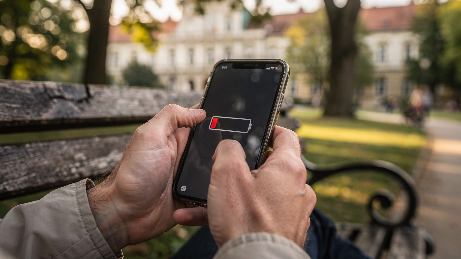 Et nærbillede af en persons hænder, der holder en smartphone med et tomt batteriikon på skærmen, mens hun sidder på en parkbænk i Budapest.