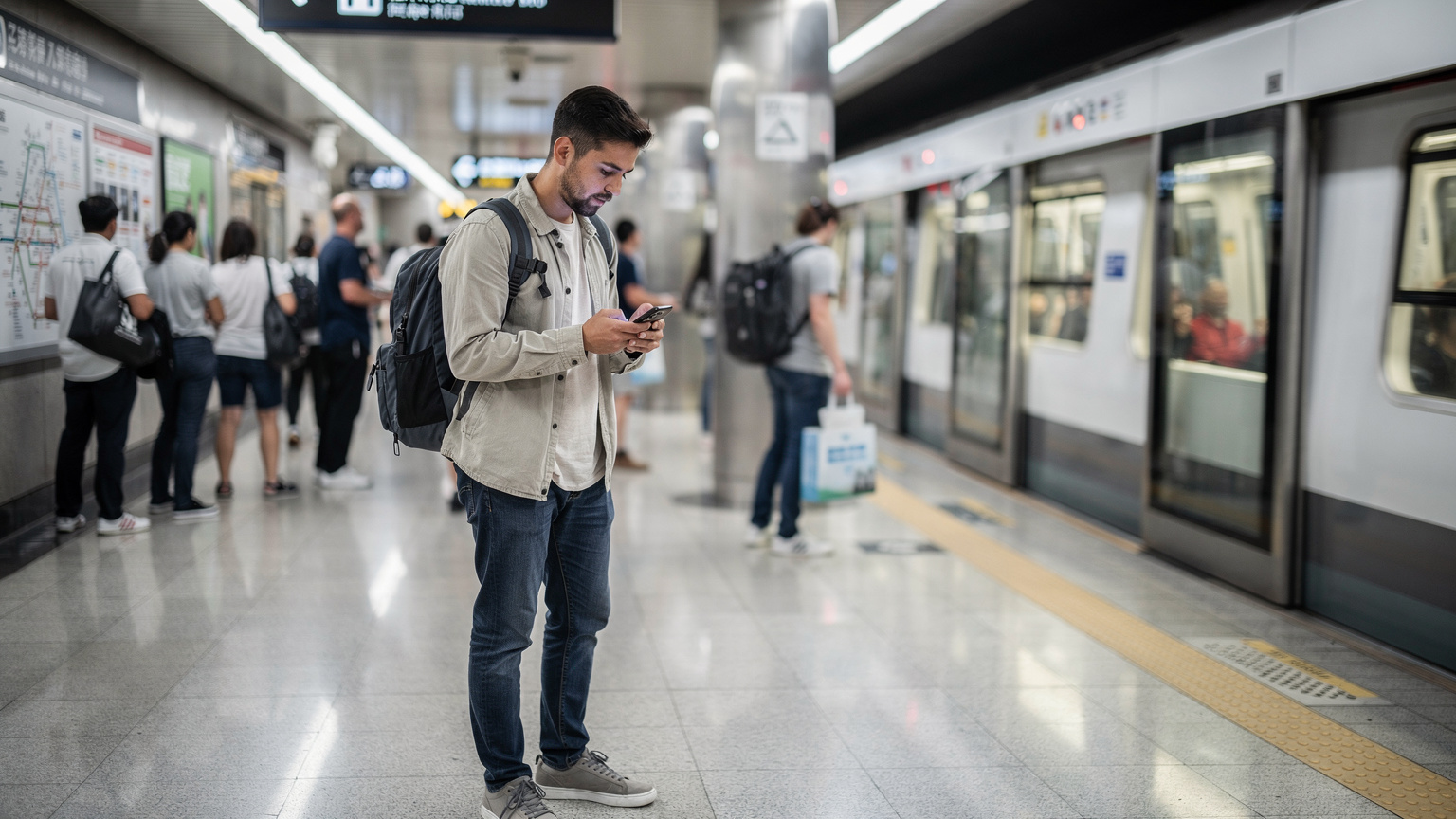 一位旅客在香港繁忙的港鐵站台上, 手持手機查看信息, 準備搭乘列車。