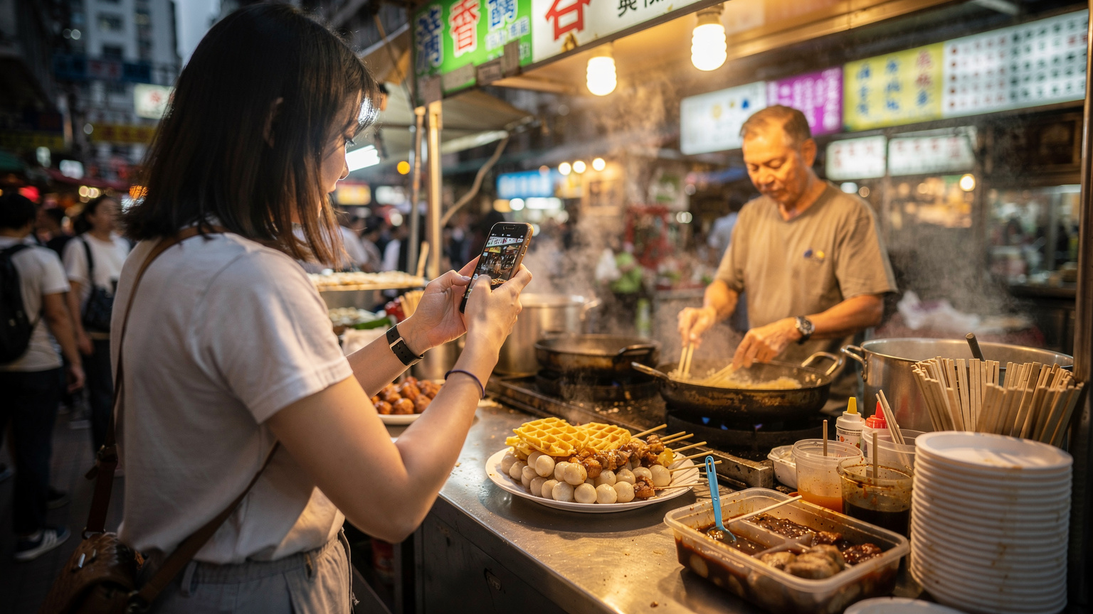 一位旅客在香港的街頭小吃攤位前, 手持手機拍攝美食, 攤主正在忙碌地準備食物。