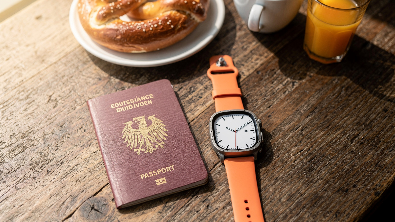 Eine Nahaufnahme eines deutschen Reisepasses und einer Apple Watch Ultra 3, die auf einem Holztisch liegen, mit einem unscharfen Hintergrund eines traditionellen Berliner Frühstücks mit Brezeln und Kaffee.