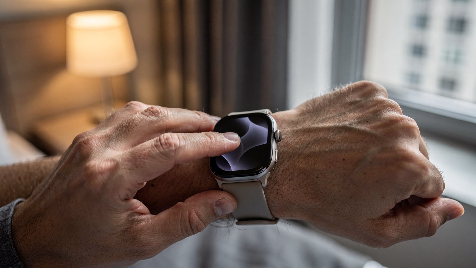 Nahaufnahme von Händen, die auf einer Apple Watch Ultra 3 eine eSIM-Aktivierungsbestätigung antippen, mit unscharfem Hintergrund eines Hotelzimmers.