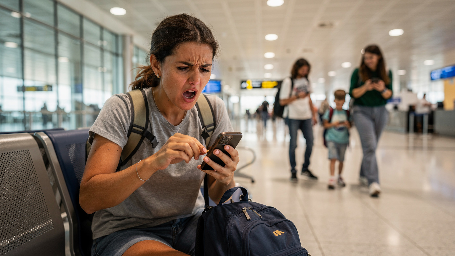 Uma viajante frustrada tenta configurar um chip físico em um aeroporto movimentado de Lisboa, enquanto uma família de estudantes passa por ela com facilidade usando seus celulares.