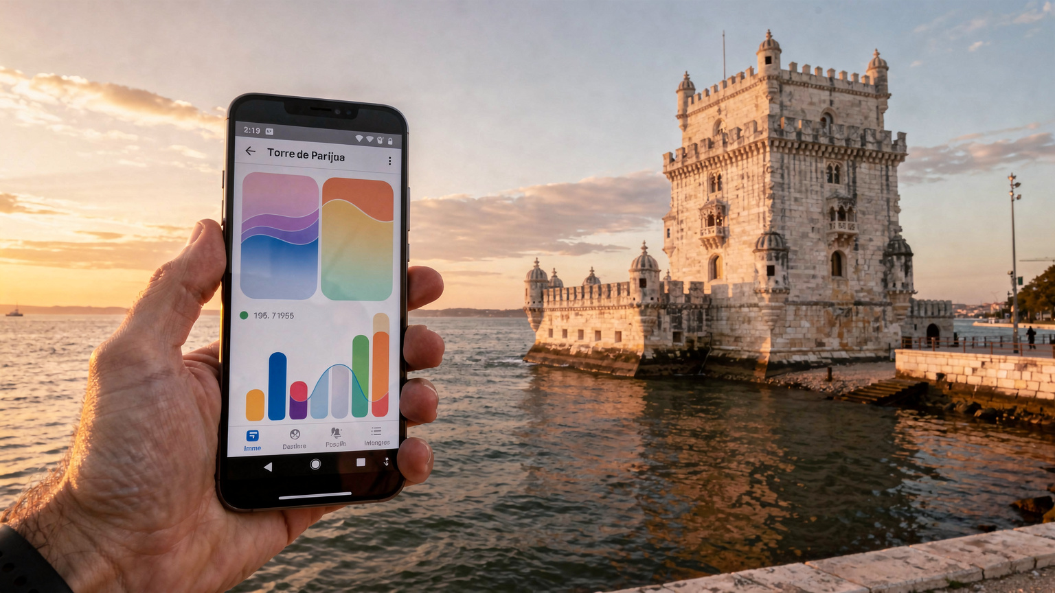 Uma mão segurando um smartphone com a tela mostrando o monitoramento de uso de dados, com a Torre de Belém ao fundo sob um pôr do sol ameno de outono.