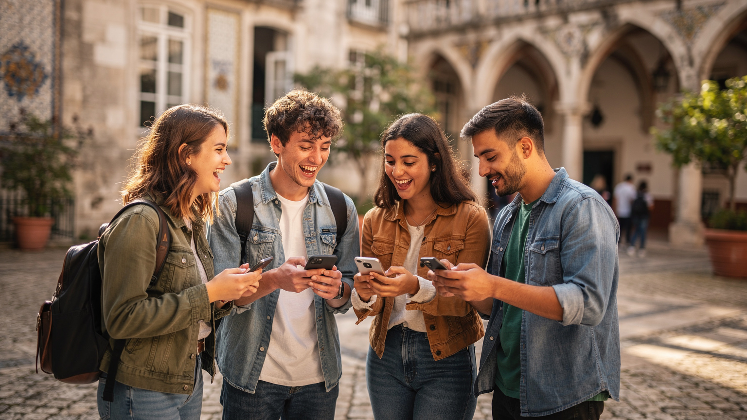 Um grupo de estudantes internacionais felizes, cada um com seus celulares, compartilhando risadas em um pátio universitário vibrante em Portugal.
