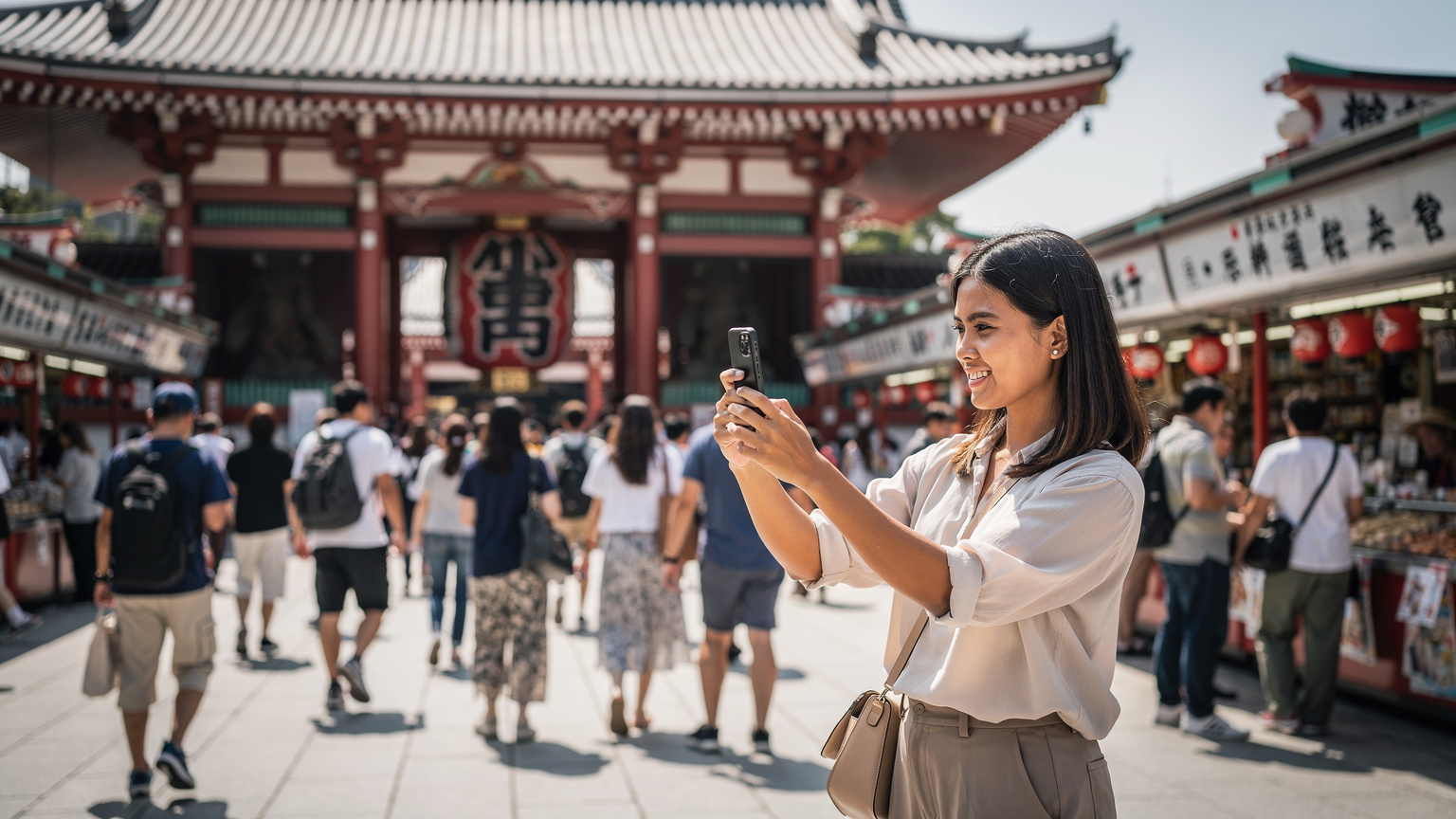 Tampilan Kuil Sensoji yang ramai di Asakusa, Tokyo, dengan seorang wanita Indonesia yang memegang ponselnya, merekam keindahan arsitektur tradisional Jepang.