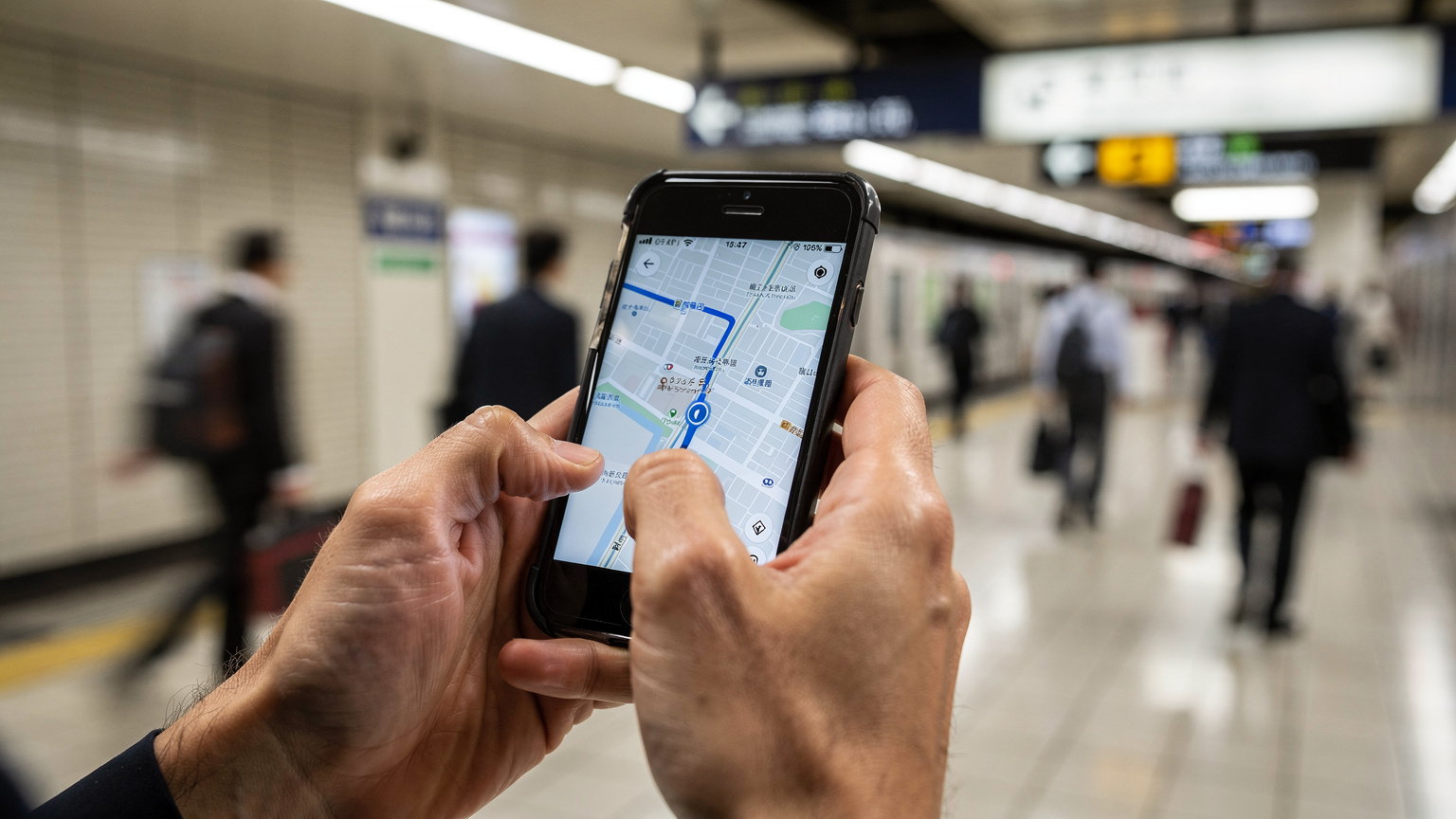 Tangan seorang traveler Indonesia sedang mengoperasikan aplikasi peta di ponselnya di tengah keramaian stasiun kereta bawah tanah di Tokyo, mencari rute terbaik untuk mencapai destinasi berikutnya.
