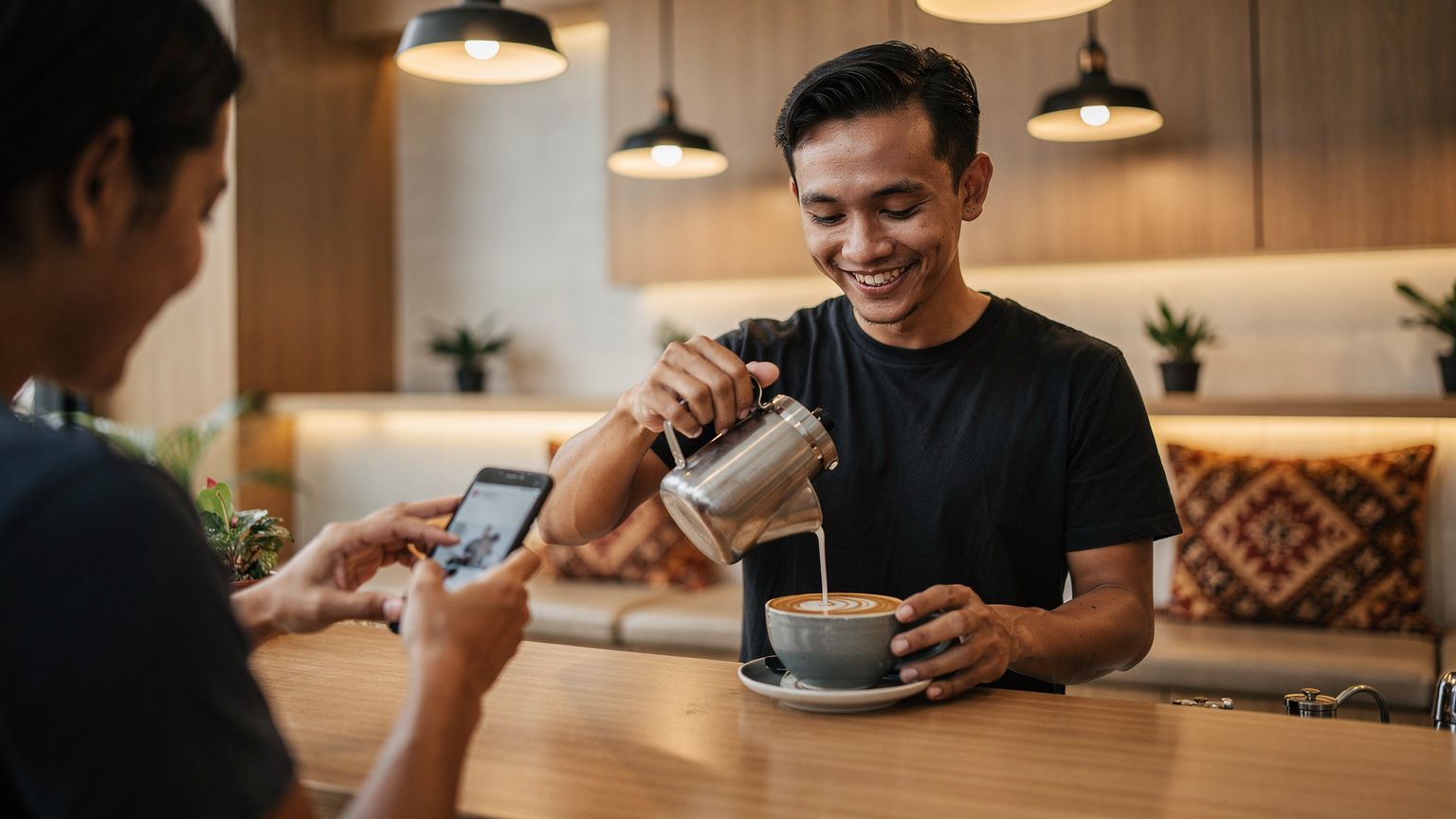 Seorang barista lokal di sebuah kedai kopi modern di Jakarta sedang membuat latte art, sambil seorang pelanggan menggunakan ponselnya untuk mengunduh eSIM.