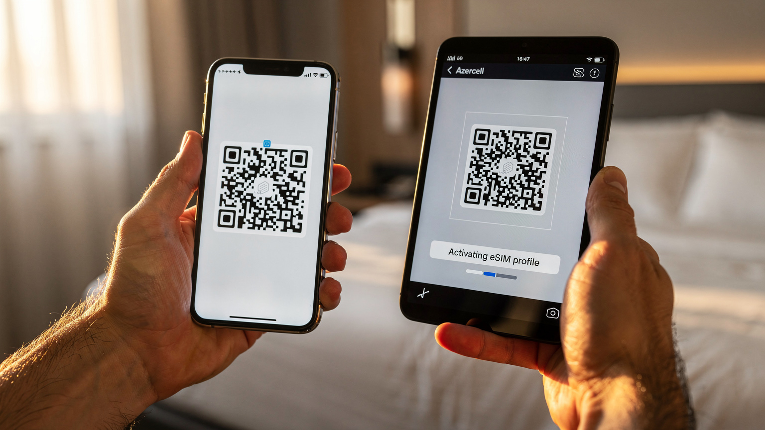 Bir akıllı telefonun ekranında, QR kodu tarayarak eSIM kurulumunu tamamlayan eller. Telefonun üst kısmında yeni bir operatör adı beliriyor.