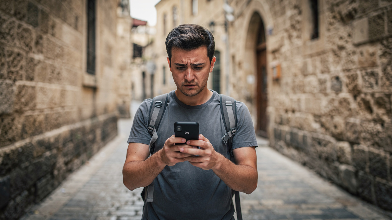 Bakü'nün tarihi sokaklarından birinde, elinde telefonuyla şaşkınlık içinde kalan bir gezgin, telefonunun bağlantı kurma sorununu gösteriyor.