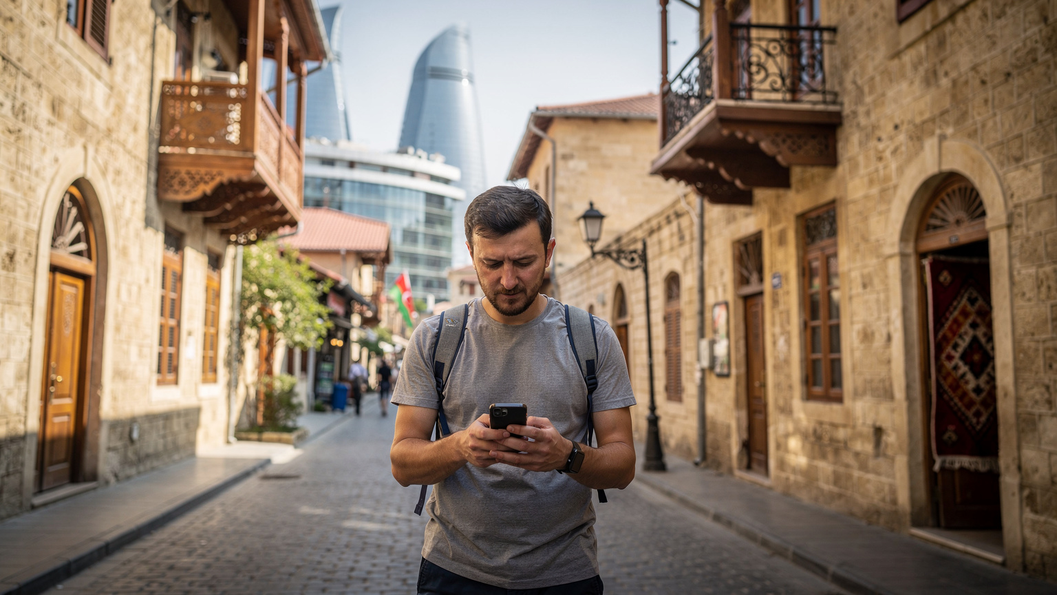 Bakü'nün modern mimarisi ile geleneksel dokusunu birleştiren bir sokakta, telefonundan yol tarifi alan bir gezgin.