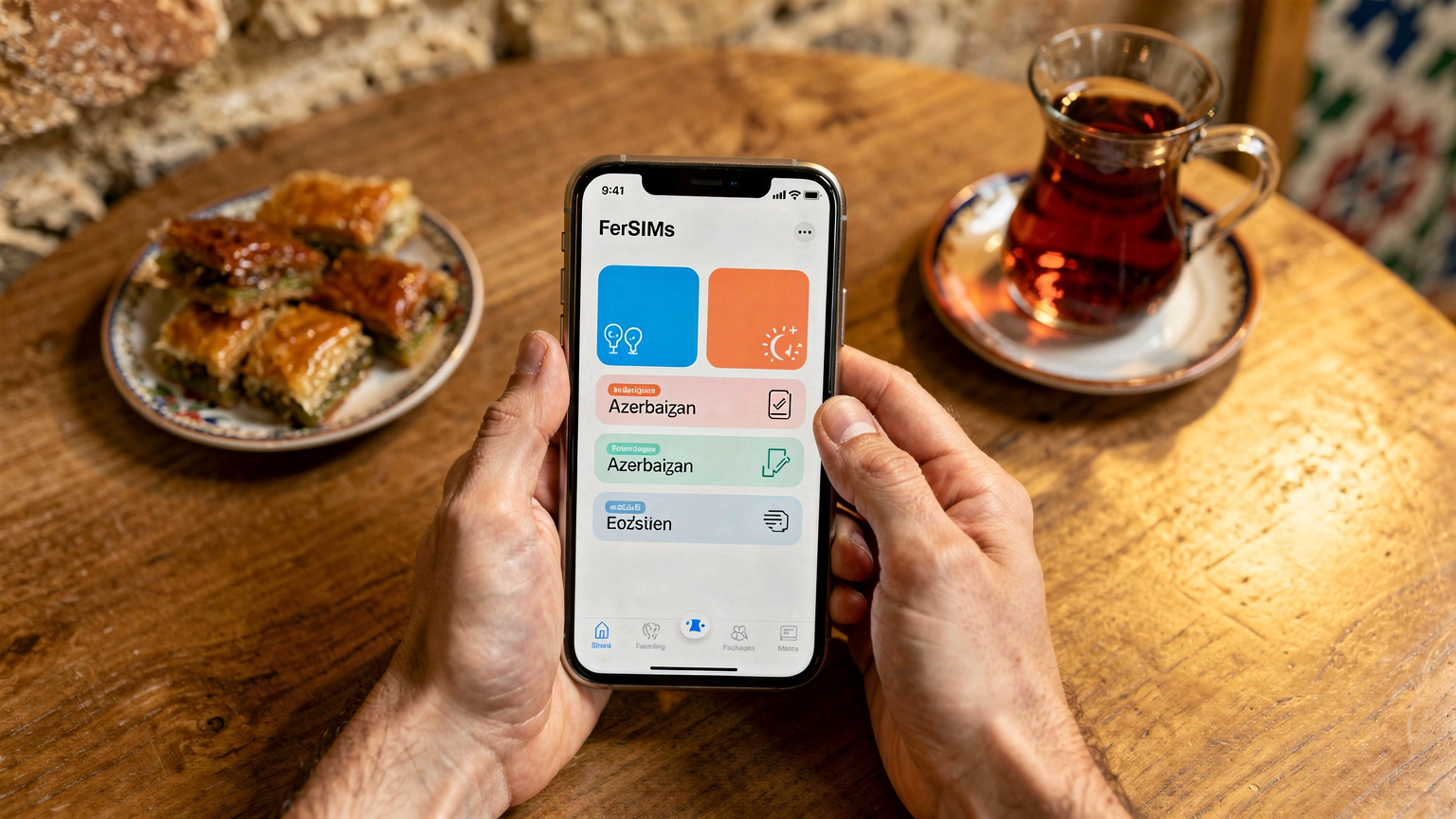 Bakü'deki bir kafede, elinde akıllı telefonuyla Cellesim uygulamasını inceleyen bir gezgin, farklı eSIM paketlerini karşılaştırıyor.