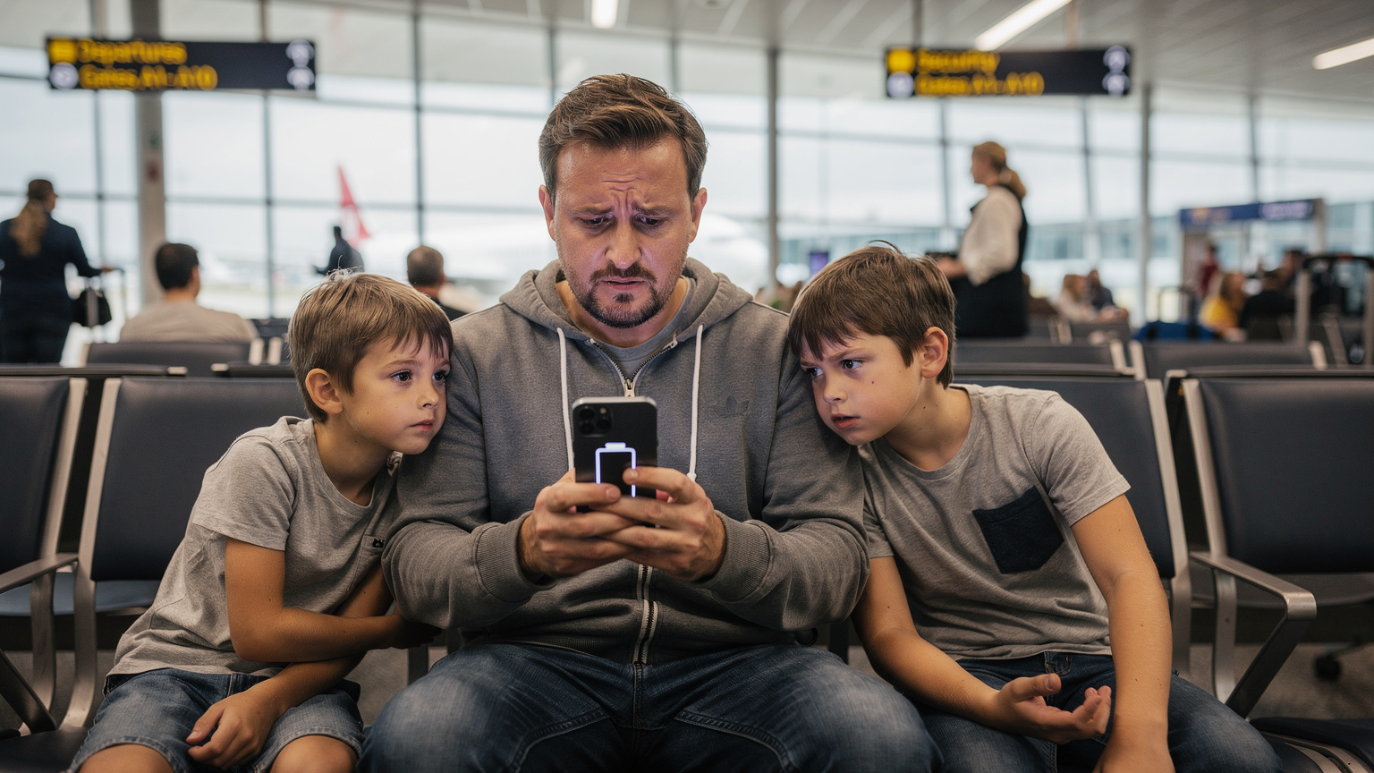 Un padre con expresión preocupada mira su teléfono con poca batería mientras sus hijos, aburridos, lo miran en un aeropuerto con carteles en inglés.