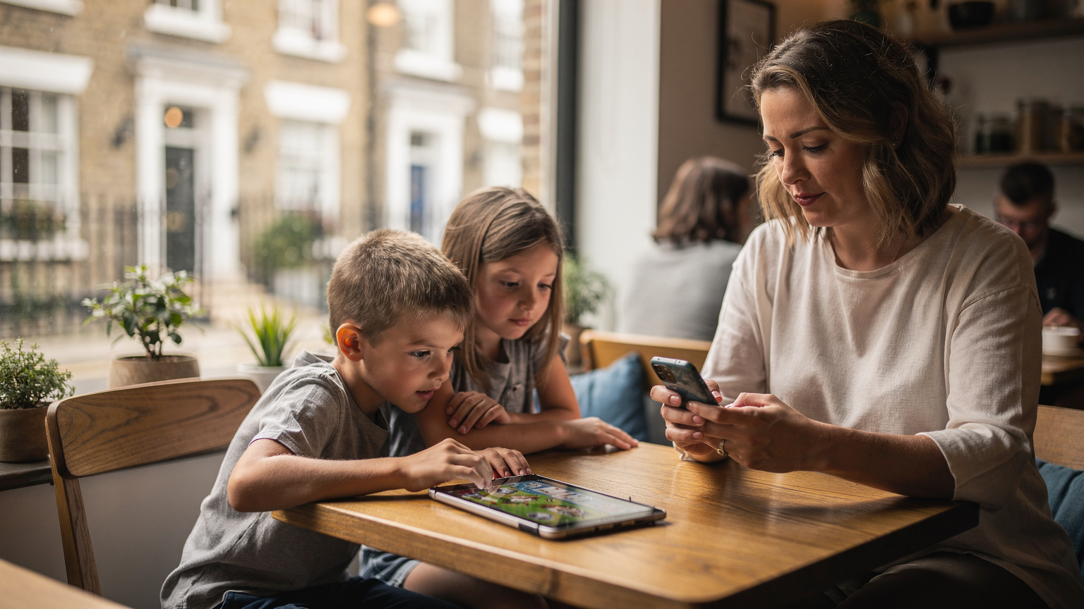 Una madre revisa su teléfono en un café de Londres mientras sus hijos juegan en un iPad, asegurándose de que todos estén conectados.