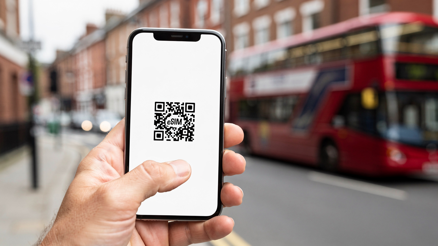 Unas manos sostienen un teléfono móvil mostrando la pantalla de configuración de una eSIM con un código QR, mientras de fondo se vislumbra un paisaje urbano británico.