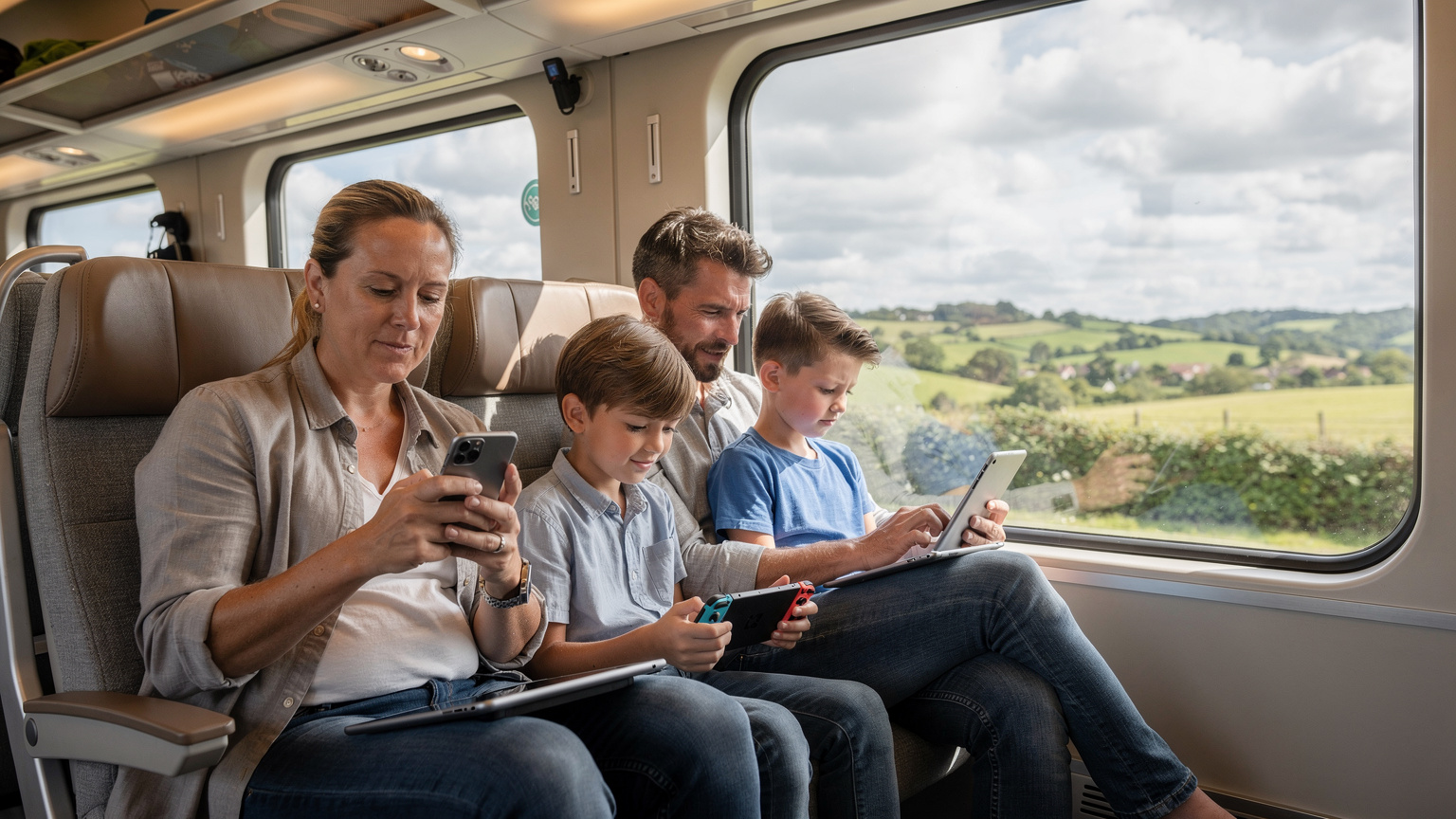 Una familia utiliza sus teléfonos y tablets en un vagón de tren moderno, disfrutando de la conectividad en movimiento mientras viajan por la campiña británica.