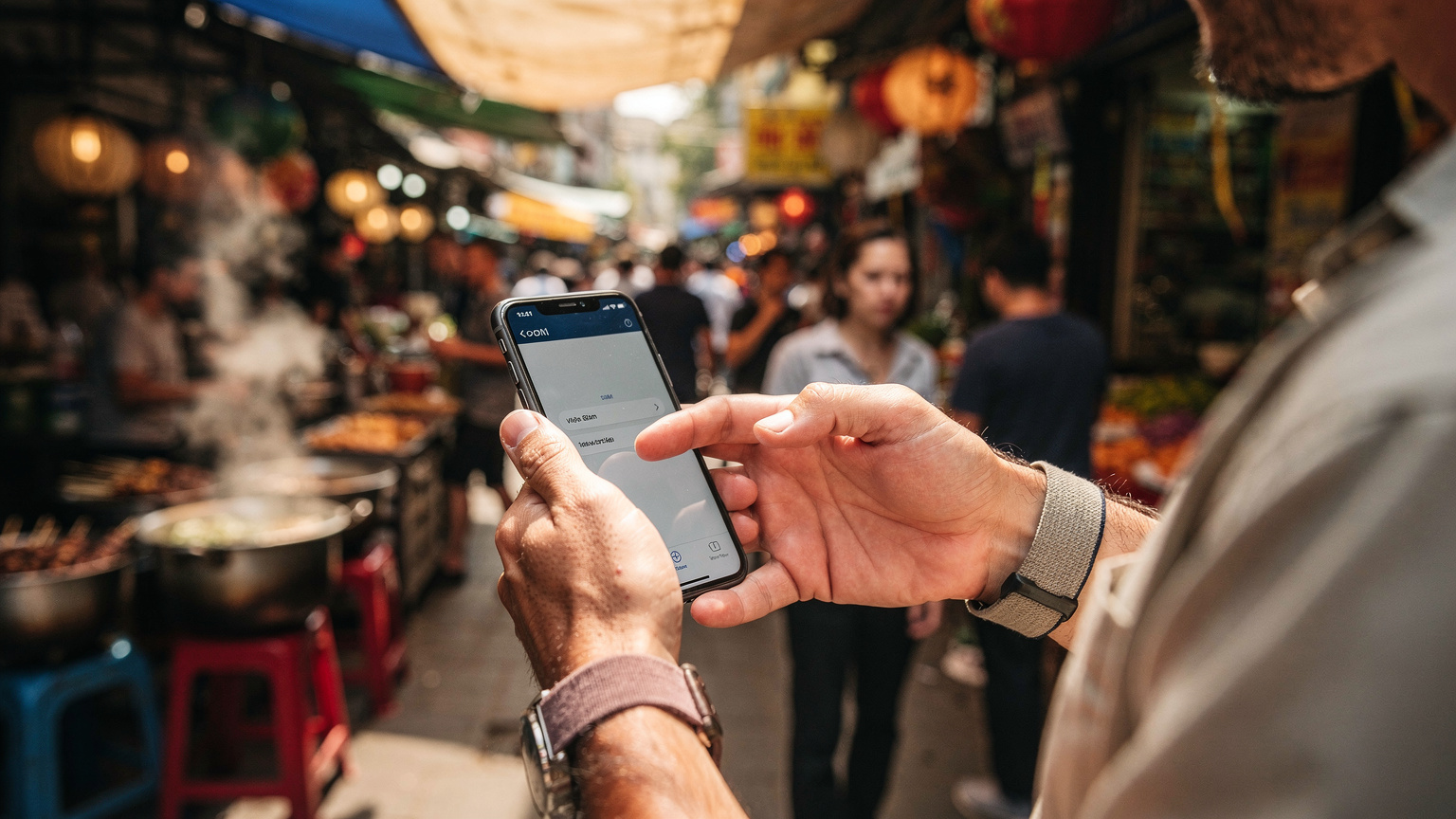 ベトナムの路地裏にある賑やかな屋台で、スマートフォンを片手にeSIM設定を確認する旅行者。活気あるストリートフードの雰囲気が伝わる。