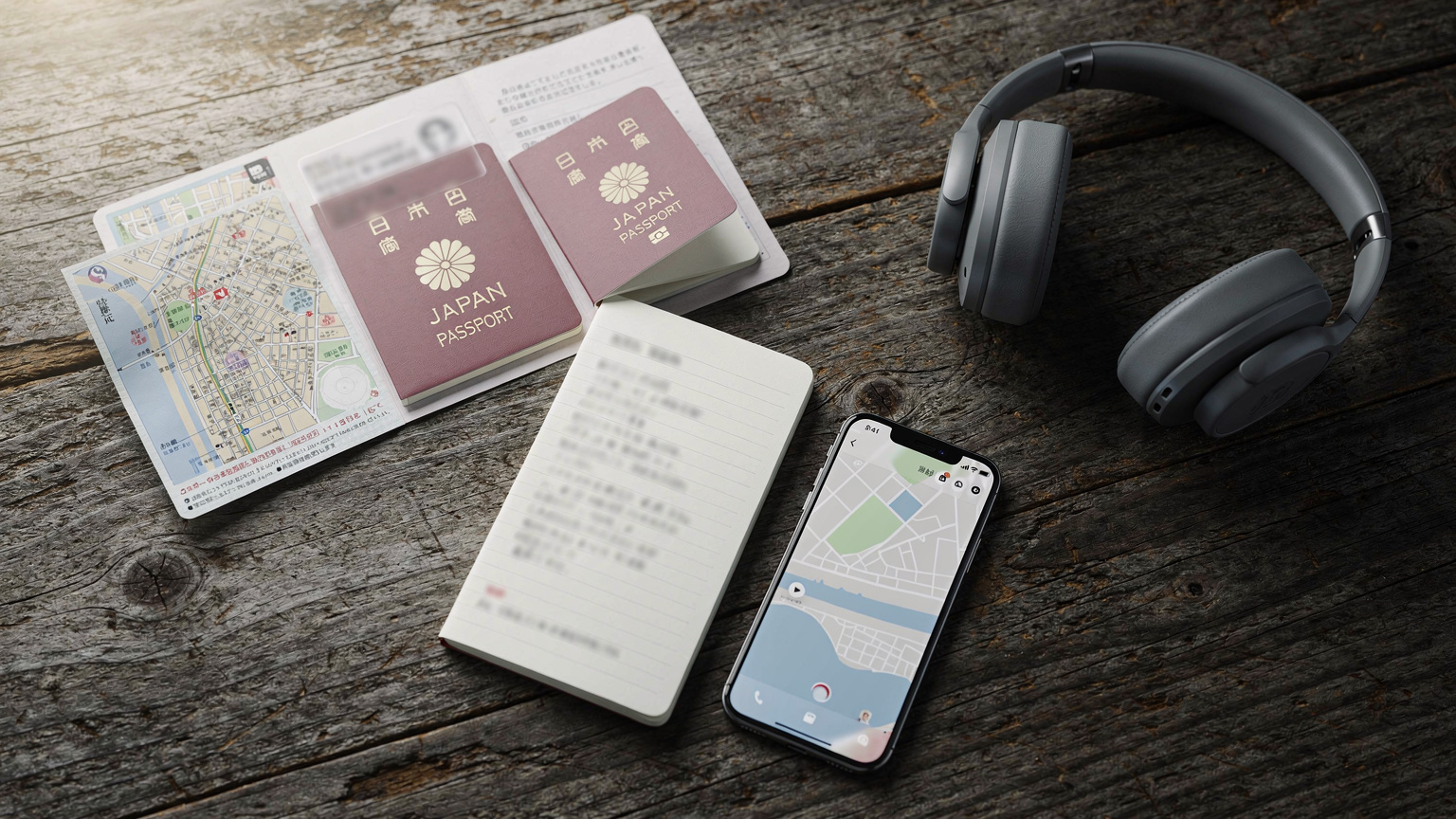 旅の計画を練るために、パスポート、地図、ノート、そしてiPhoneをテーブルに並べたオーバーヘッドショット。旅の準備が詰まった瞬間を捉える。