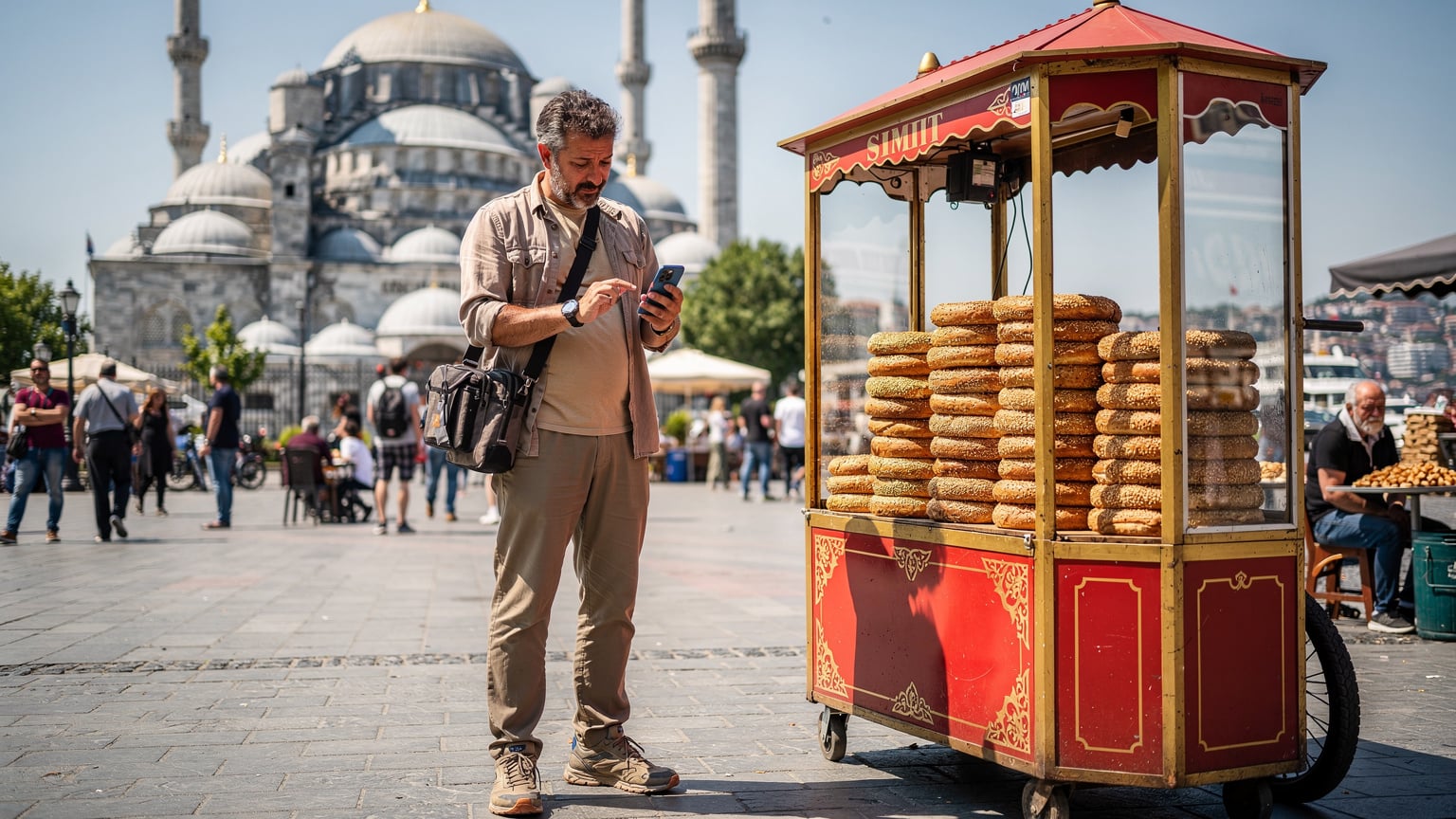 İstanbul'un hareketli Eminönü Meydanı'nda, bir simit satıcısının önünde cep telefonuyla eSIM paketlerini karşılaştıran bir turist.