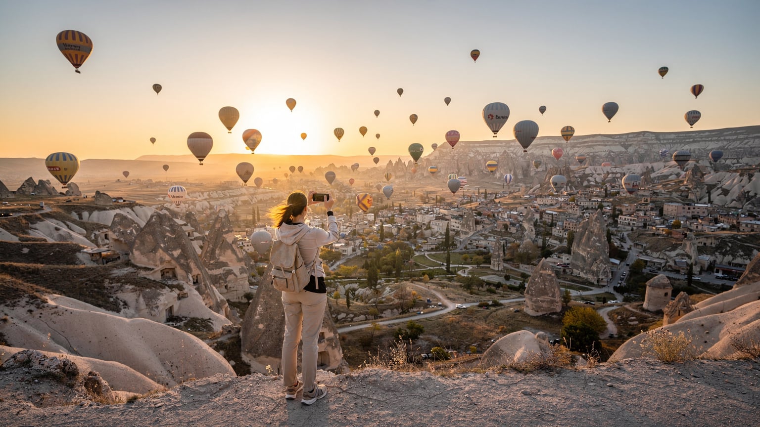 Kapadokya'da gün doğumu sırasında, sıcak hava balonları gökyüzünde süzülürken, bir gezgin elinde telefonuyla bu anı görüntülüyor ve muhtemelen eSIM ile paylaşıyor.