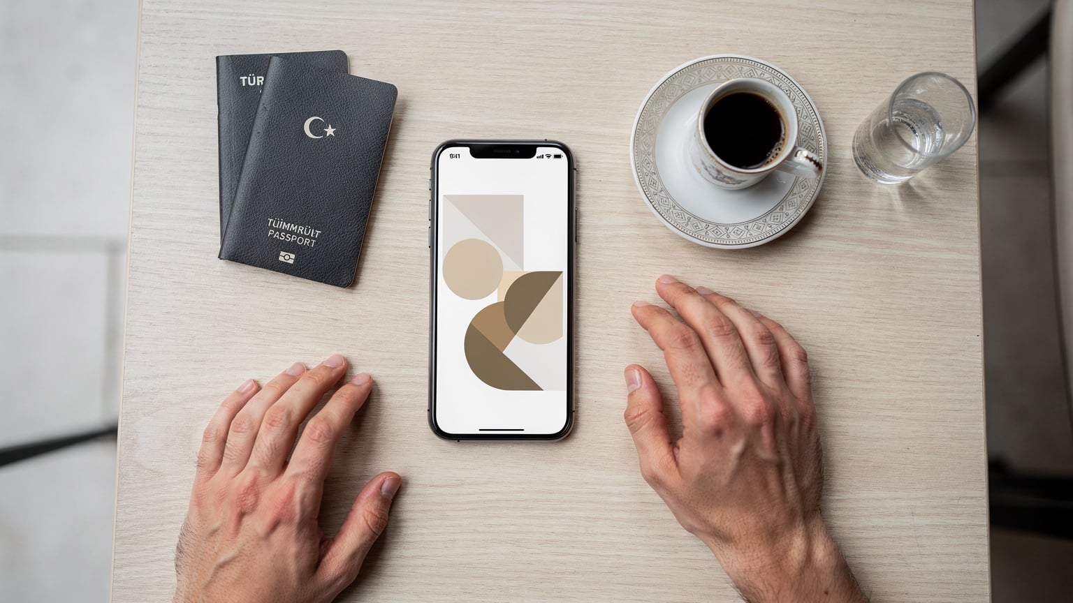 Bir seyahat blogger'ı, telefonunda Cellesim uygulamasından kalan veri miktarını kontrol ederken, pasaportu ve bir fincan Türk kahvesiyle sade bir masada.
