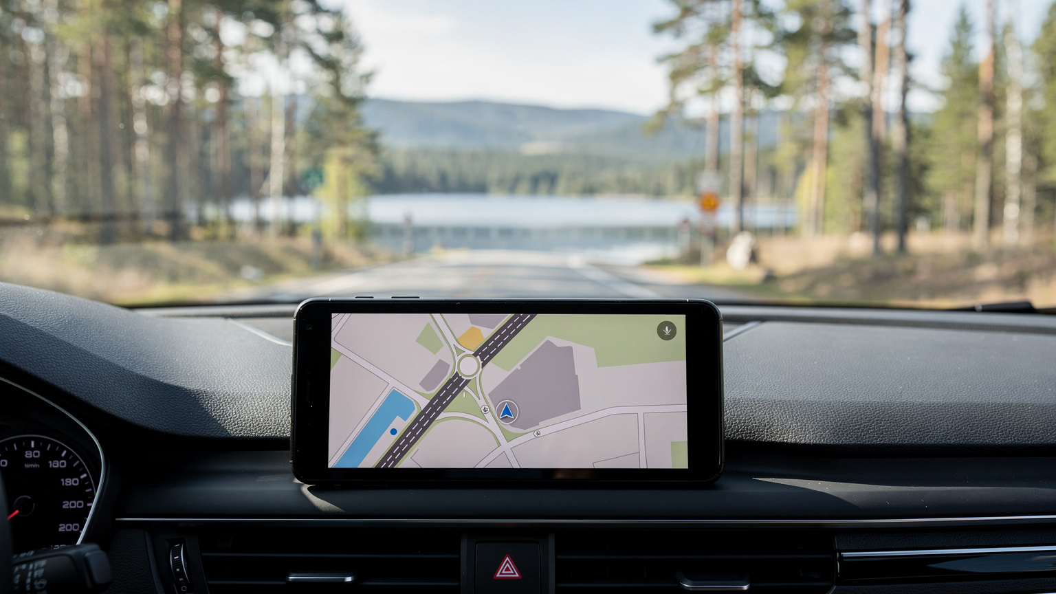 En modern smartphone med en navigationskarta visas på bilens instrumentpanel, med ett typiskt skandinaviskt landskap utanför vindrutan i skarpt dagsljus.