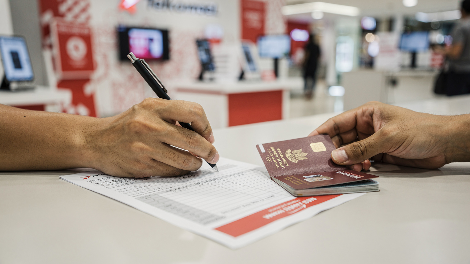 A traveler diligently filling out paperwork at a brightly lit Telkomsel store counter in a busy Indonesian mall, with a passport open on the counter.