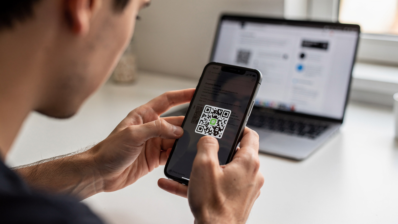 Primo piano delle mani di una persona che tenta di scansionare un codice QR per attivare una eSIM su uno smartphone, con lo sfondo leggermente sfocato che suggerisce un ambiente domestico o un piccolo ufficio, mostrando un momento di potenziale difficoltà o concentrazione.