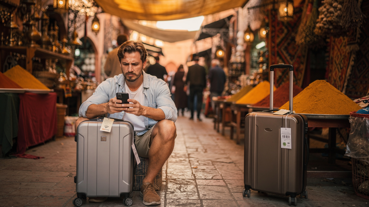 Un turista italiano, leggermente frustrato, cerca di connettersi a una rete Wi-Fi pubblica in un affollato mercato di Marrakech, con il suo smartphone che mostra un'icona di scarsa ricezione. Il suo bagaglio a mano è accanto a lui.