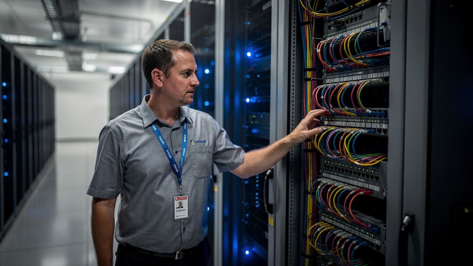 Un tecnico delle telecomunicazioni (con un badge identificativo) esamina un rack di server illuminato da luci LED blu, con cavi ethernet colorati che si estendono, suggerendo complessità e connettività di rete.