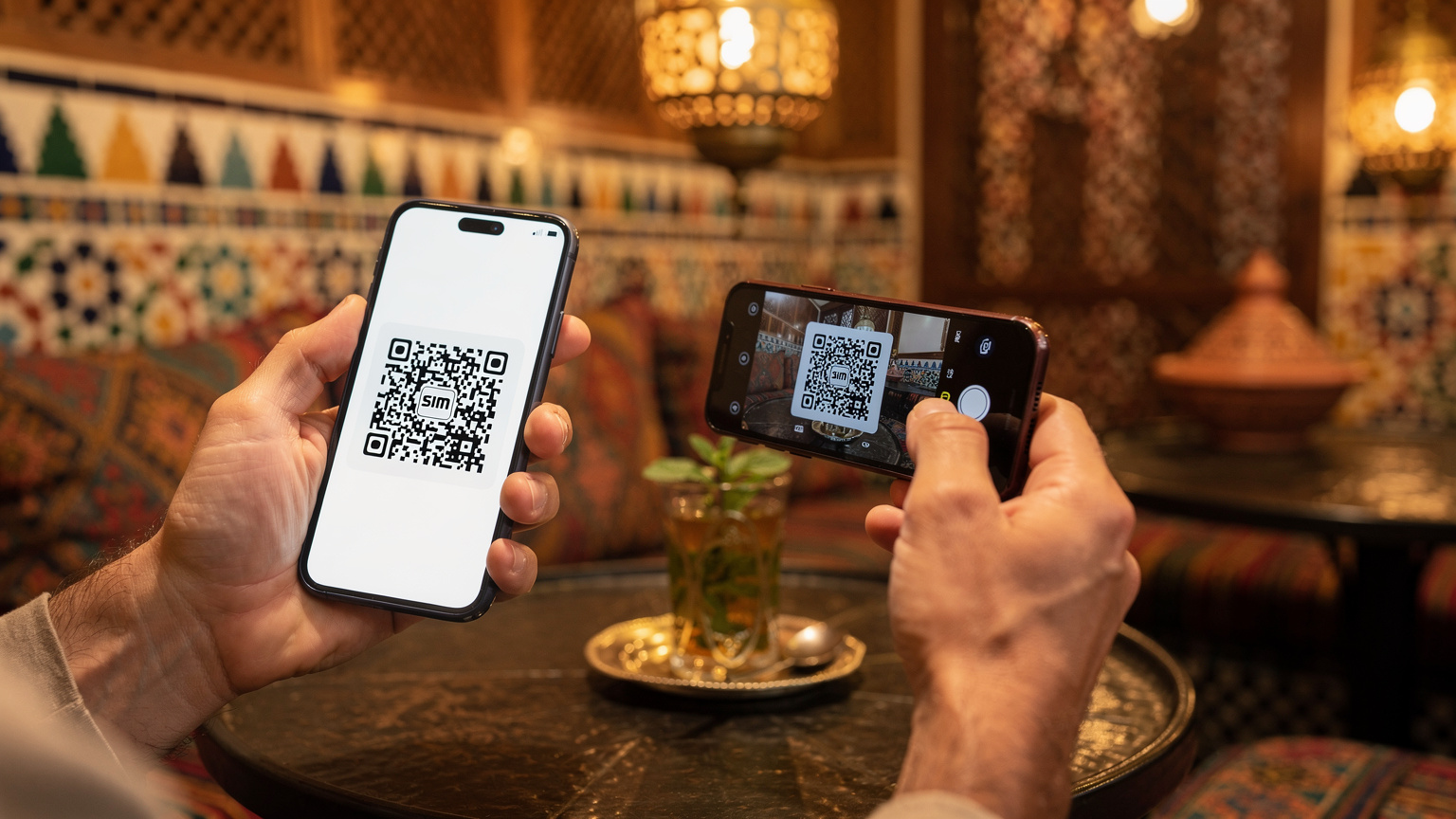 Gros plan sur des mains d'adultes scannant un code QR affiché sur un téléphone ou une feuille de papier, avec un autre smartphone, dans l'ambiance chaleureuse et lumineuse d'un café marocain typique, avec des verres à thé à la menthe en arrière-plan.