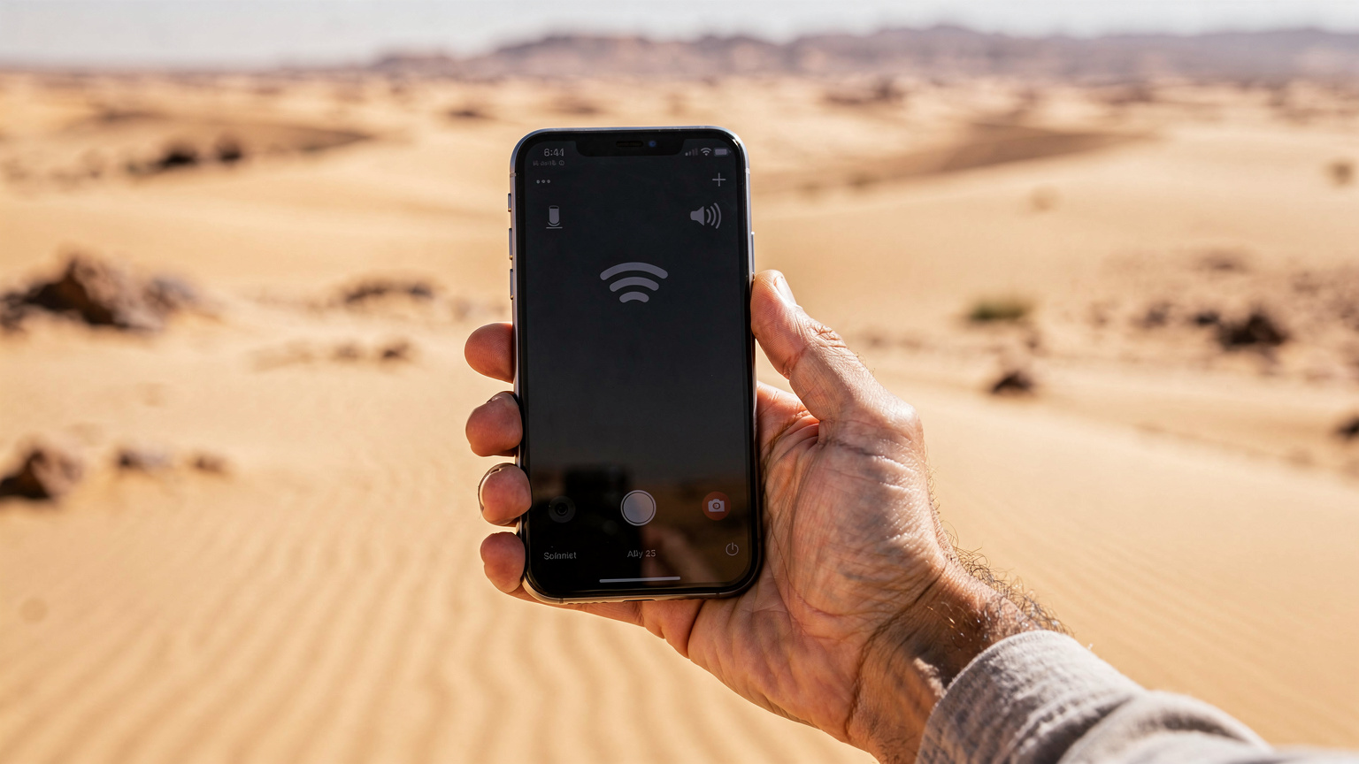 Un téléphone portable affiche un écran de recherche de réseau, tenu par une main d'adulte, avec en arrière-plan flou, des paysages désertiques marocains. L'expression de la personne suggère une légère frustration ou une tentative de trouver de la connexion.