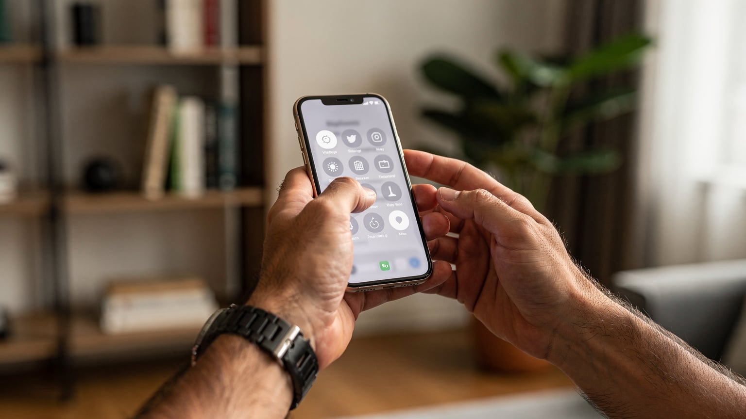 一雙手拿著 iPhone,屏幕上顯示著 eSIM 設置頁面,背景是家裡舒適的客廳。