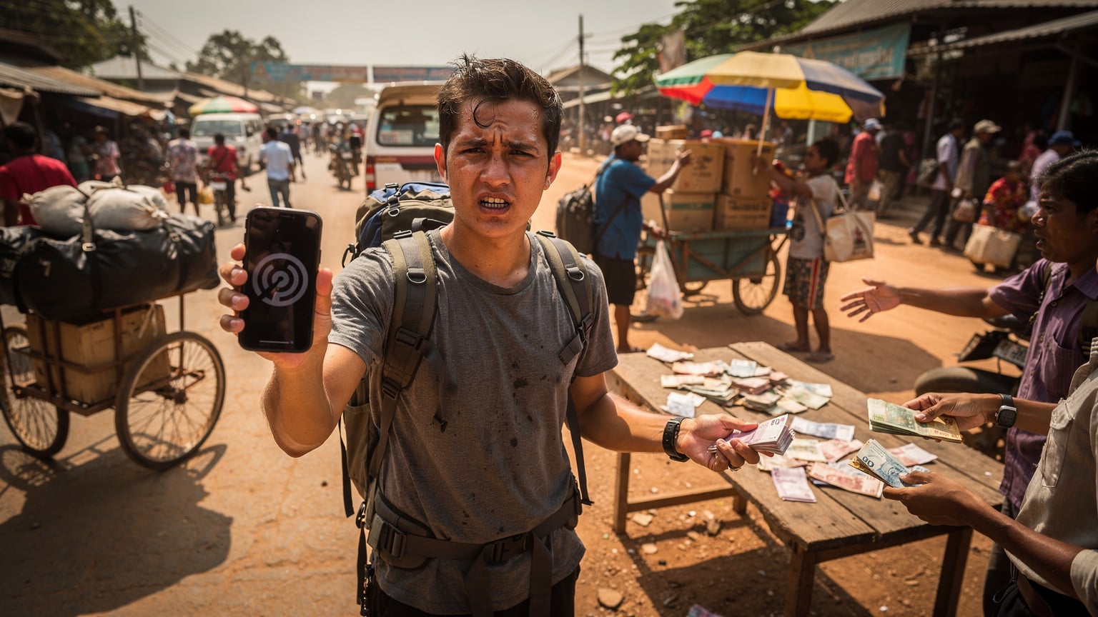 A backpacker looks frustrated, holding their phone with no signal at a busy land border crossing in Southeast Asia, surrounded by chaotic crowds and various currencies.