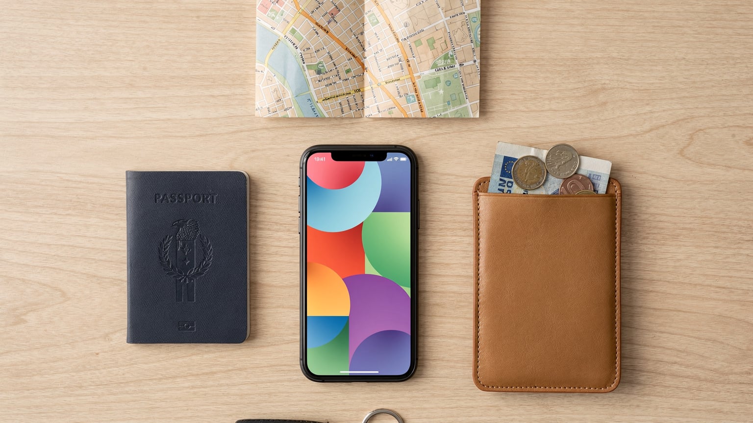 An overhead flat-lay of a minimalist travel setup: a smartphone displaying the Cellesim app, a passport, a minimalist wallet, and a small, folded map, all on a light wooden table.