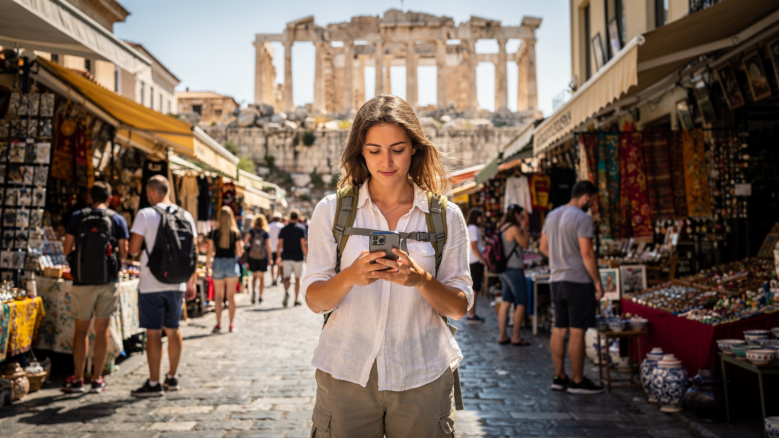 A traveler uses their phone to check directions amidst the ancient ruins and bustling market stalls of Athens, ensuring seamless connectivity.