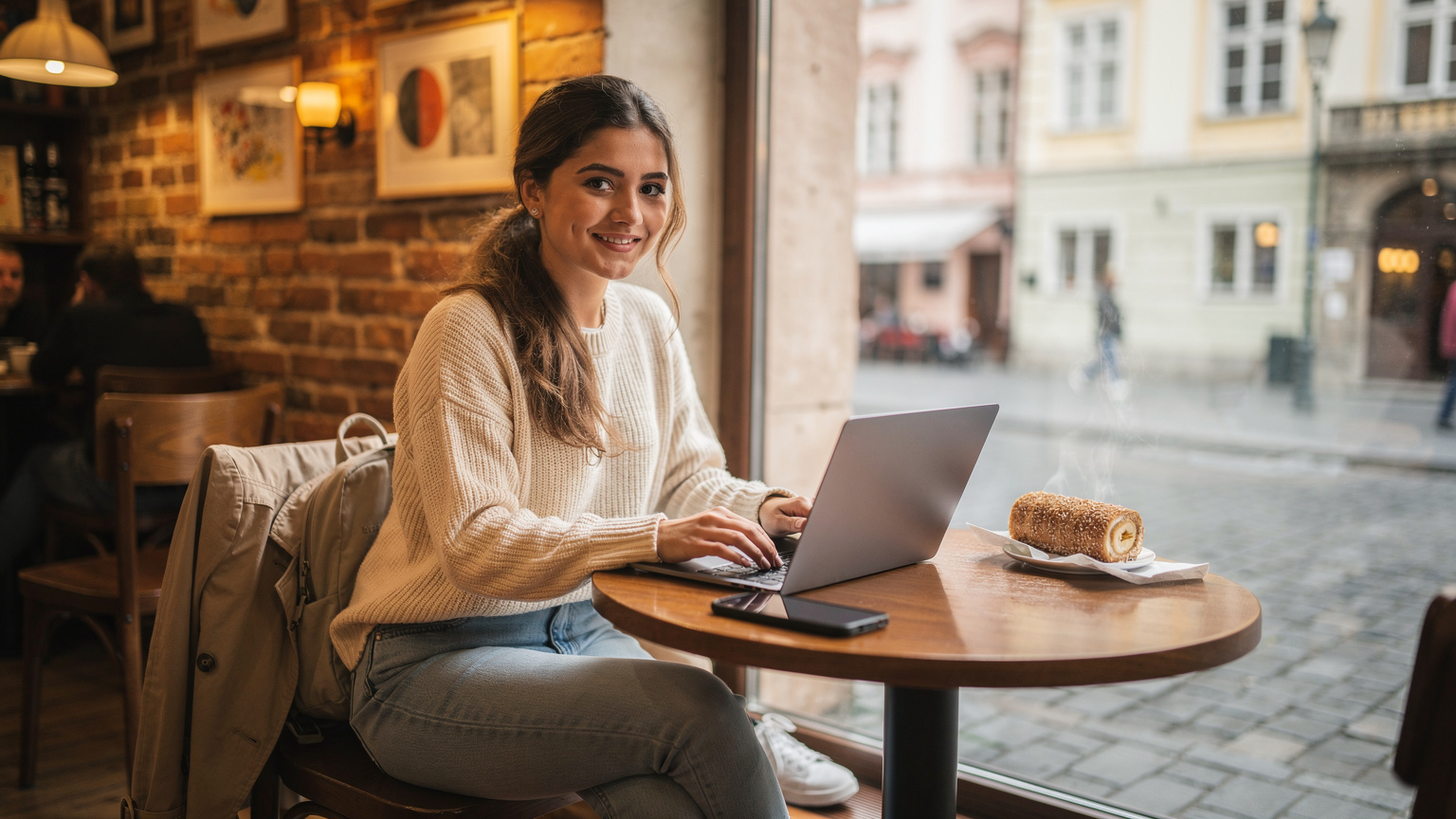 Mladá cestovatelka v útulné kavárně v Praze, s notebookem a telefonem na dřevěném stole, spokojeně pracuje s rychlým připojením, vedle ní typický český trdelník s posypem.